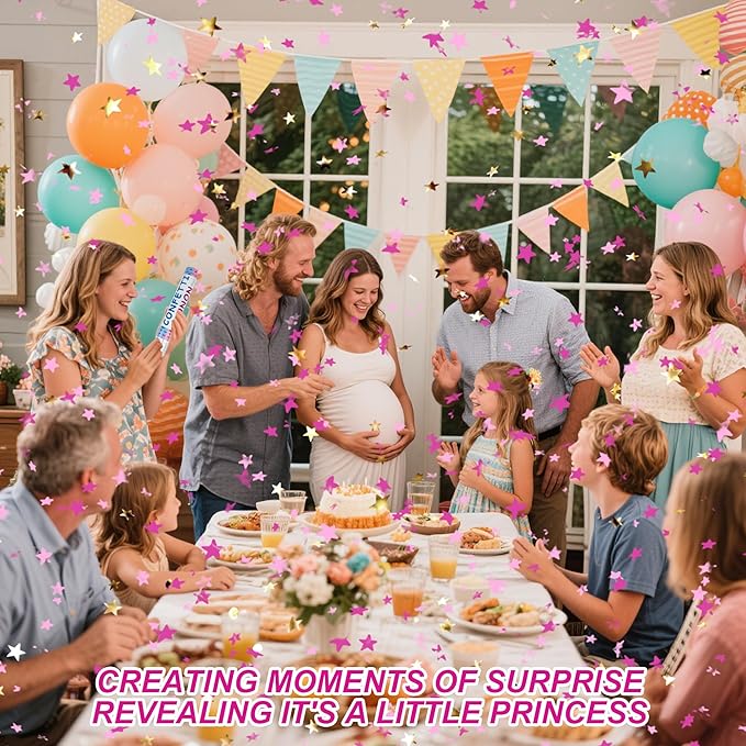 2 Pack Gender Reveal Confetti Cannon, 12 in Pink Star shaped Paper Party Poppers Cannons, Confetti Poppers For Baby Girl Gender Reveal Baby Showers (Star, Pink)