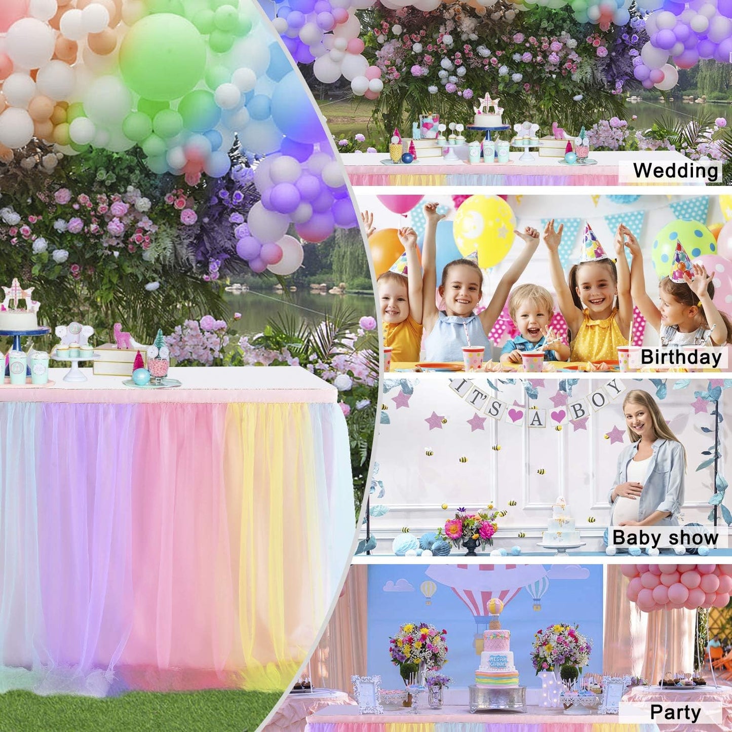 Suppromo Rainbow Table Skirt for Baby Shower Girl Birthday Party 9ft Tulle Tutu Table Skirt Decorations for Gender Reveal Unicorn Theme Party Decorations(L9(ft) H 30in, Rainbow)