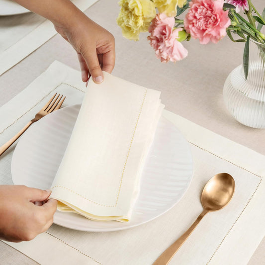 D'Moksha Homes Ivory Linen Napkins Set of 4 - Classic Hemstitch 100% Pure Linen Hemstitch Dinner Napkins 20 x 20 Inch for Fall, Autumn and Halloween - Handcrafted and Machine Washable