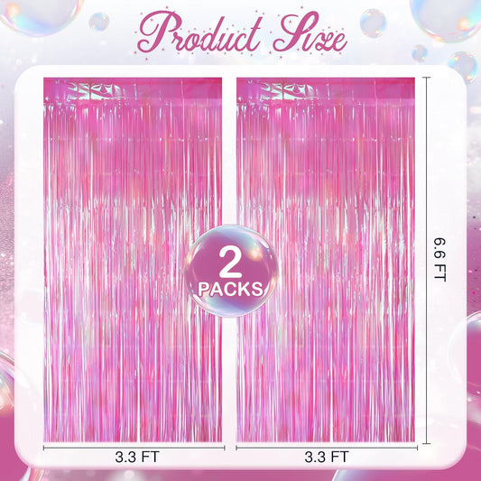 2 Pack Hot Pink Iridescent Streamers Backdrop, 3.3x6.6ft Foil Fringe Curtains Holographic Door Tinsel Streamers Photo Booth Prop for Birthday, Wedding, Holiday, Bachelorette, Theme Party Decorations
