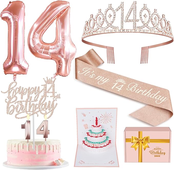 14th Birthday Decorations for Girls with 14th Birthday Sash and Tiara, Cake Topper and Candles, Number Balloons, Greeting Card, 14 Year Old Gifts for Girls