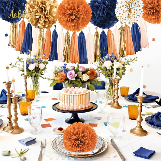 AOBKIAT Fall Baby Shower Party Decorations,28PCS Thanksgiving Home Decor,Orange Navy Gold Tissue Paper Pom Poms,Paper Garland,Hanging tassel,Table Confetti,for Baby Shower,Bridal Shower,Rustic Wedding