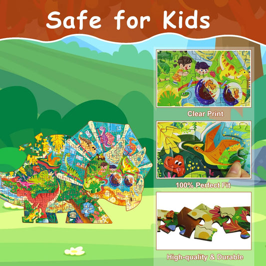 Dinosaur Puzzles for Kids Ages 6-8 200 Piece Triceratops Jigsaw Puzzles Unique Animal Shape Floor Puzzle Ages 8-10 Learning Educational Toys Birthday Gift for Boys Girls Ages 10-12