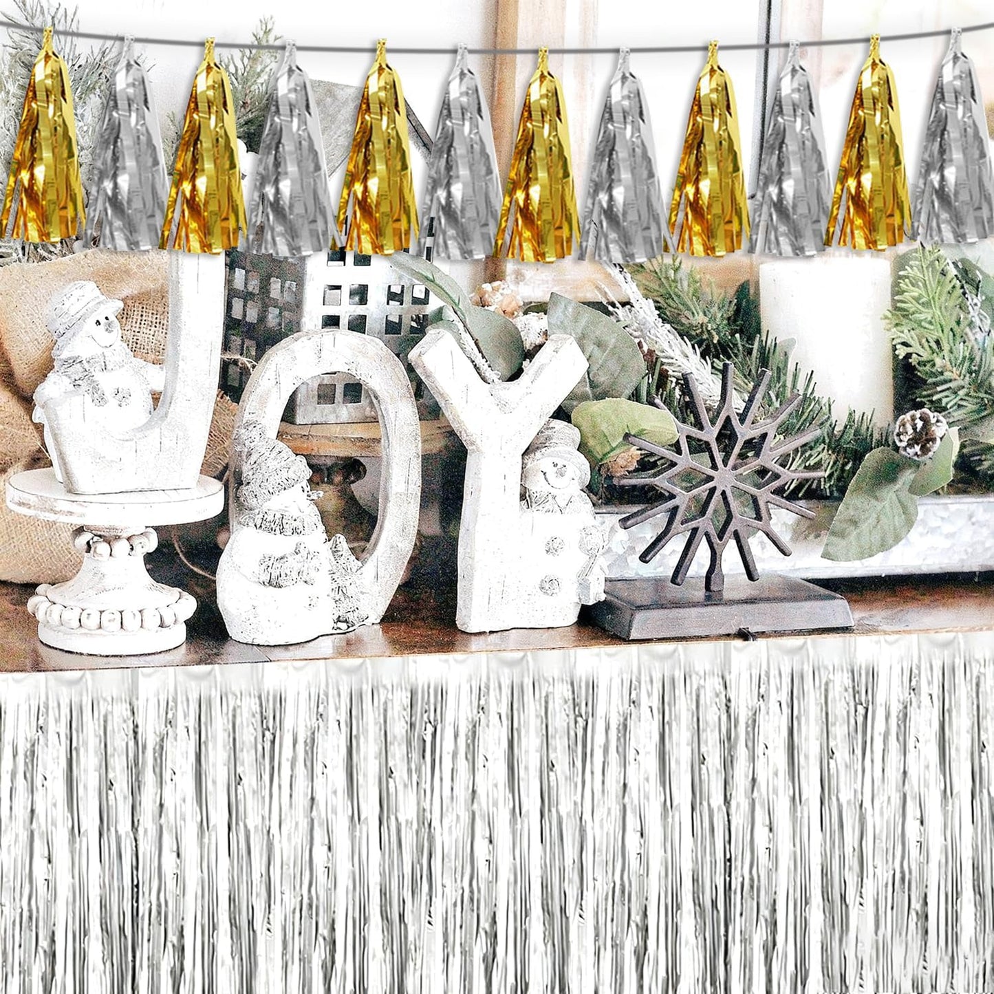 4P Gold Silver Tassel Banner Garland Metallic Foil Fringe Banner Tinsel Tassels Streamer Banner Backdrop for Parade Floats, Graduation Decorations, Father' Day, Halloween, Christmas Decorations