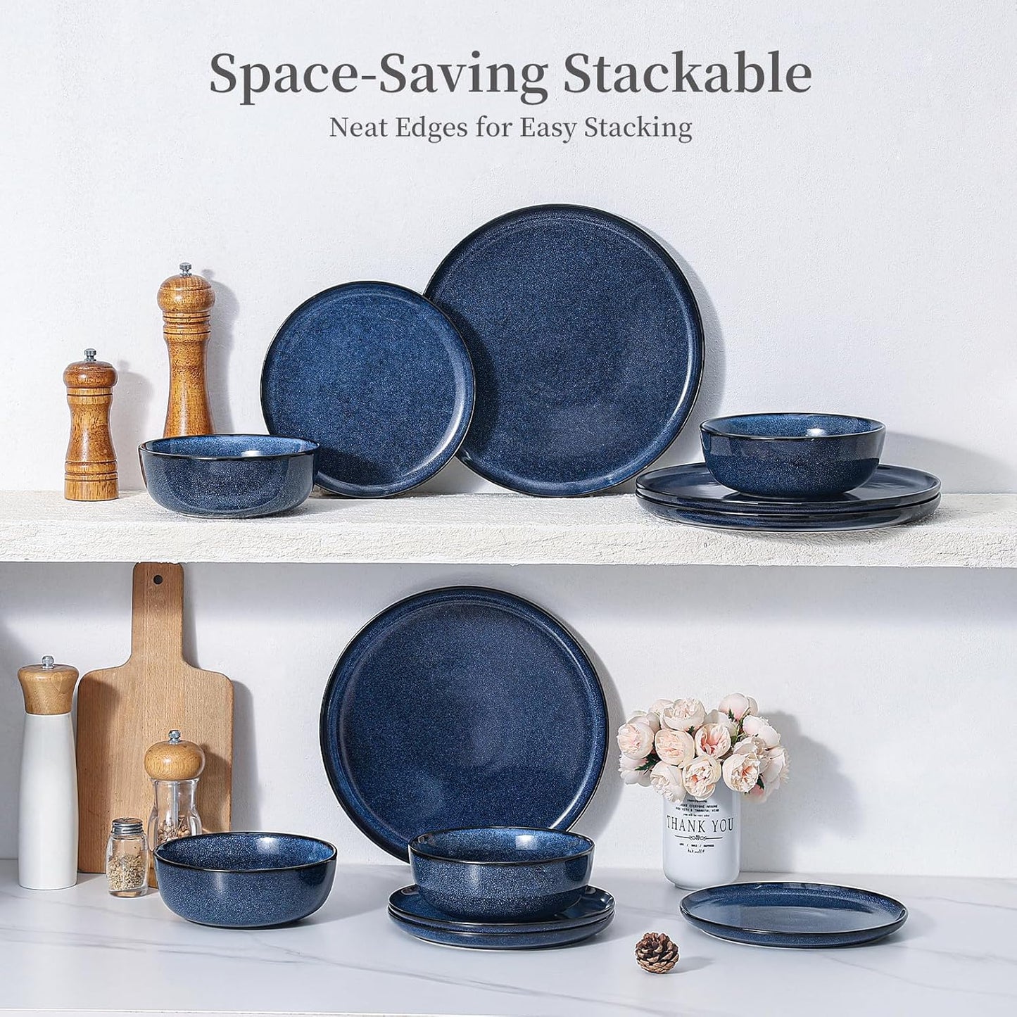 Ceramic Salad Dessert Plates Set: 8 inch Porcelain Reactive Glaze Plates Set, Mordern Stoneware Kitchen Dinnerware Dishes Set, Microwave & Dishwasher Safe, Scratch Resistant, Set of 4 (Blue)