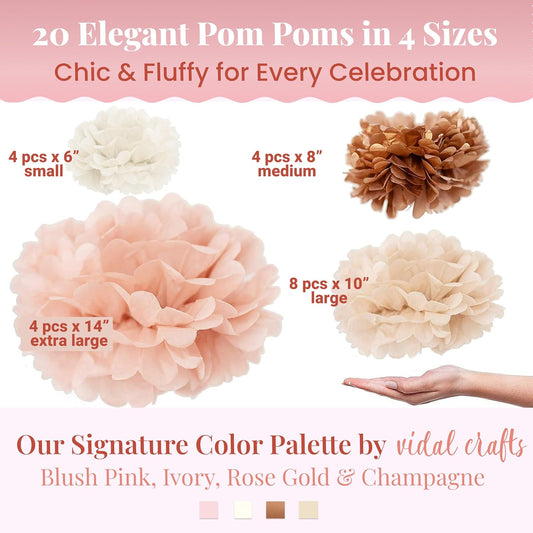 Vidal Crafts 20-Piece Boho Tissue Paper Pom Poms - Hanging Tissue Paper Flowers for Bridal Shower Decorations, Baby Shower Decorations for Girl, Wedding, Birthday Party - Assorted Sizes 6" to 14"