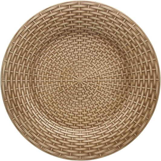 13 Inch Antique Brown Charger Plates Set of 6, Round Plastic Service Plates with Faux Rattan Woven Texture, Matte Finish Under Plates for Wedding, Party, Christmas and Fine Dining (513RB)