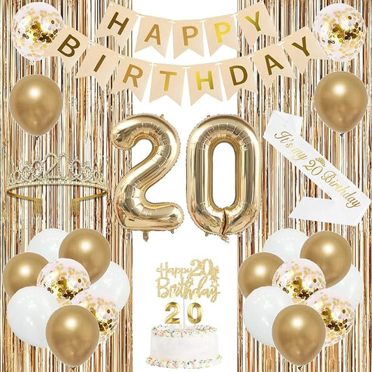 Trgowaul Happy 20th Birthday Decorations for Girls, Banner, Sash and Crown, Cake Topper, 20 Number Balloon, Fringe Curtains, Champagne Gold 20th Birthday Party Supplies