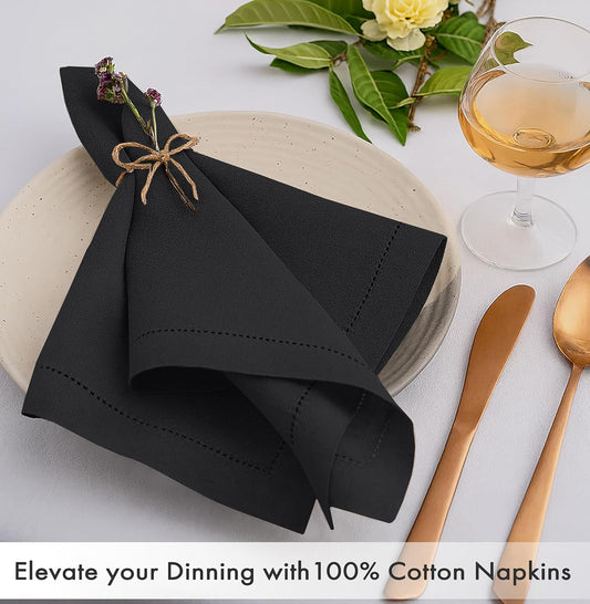 Ruvanti Cloth Napkins - 100% Cotton Dinner Napkins, Hem Stitched Corners, 18x18 Inch, 12 Pack - Soft, Absorbent, Durable, Reusable, Wrinkle Resistant for Formal Dining & Everyday Use - Black Beauty