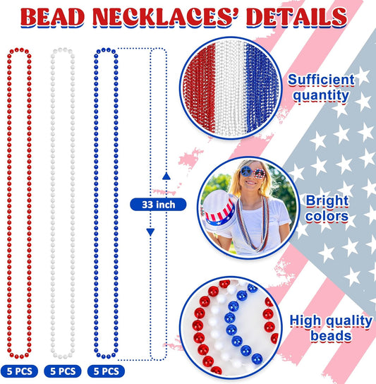 4th of July Accessories, 15PCS Patriotic Necklaces, Red White Blue, Unisex Adults, Classic Style, 33 Inch Chain, PVC Plastic, Perfect for 4th of July, Memorial Day, Veterans Day
