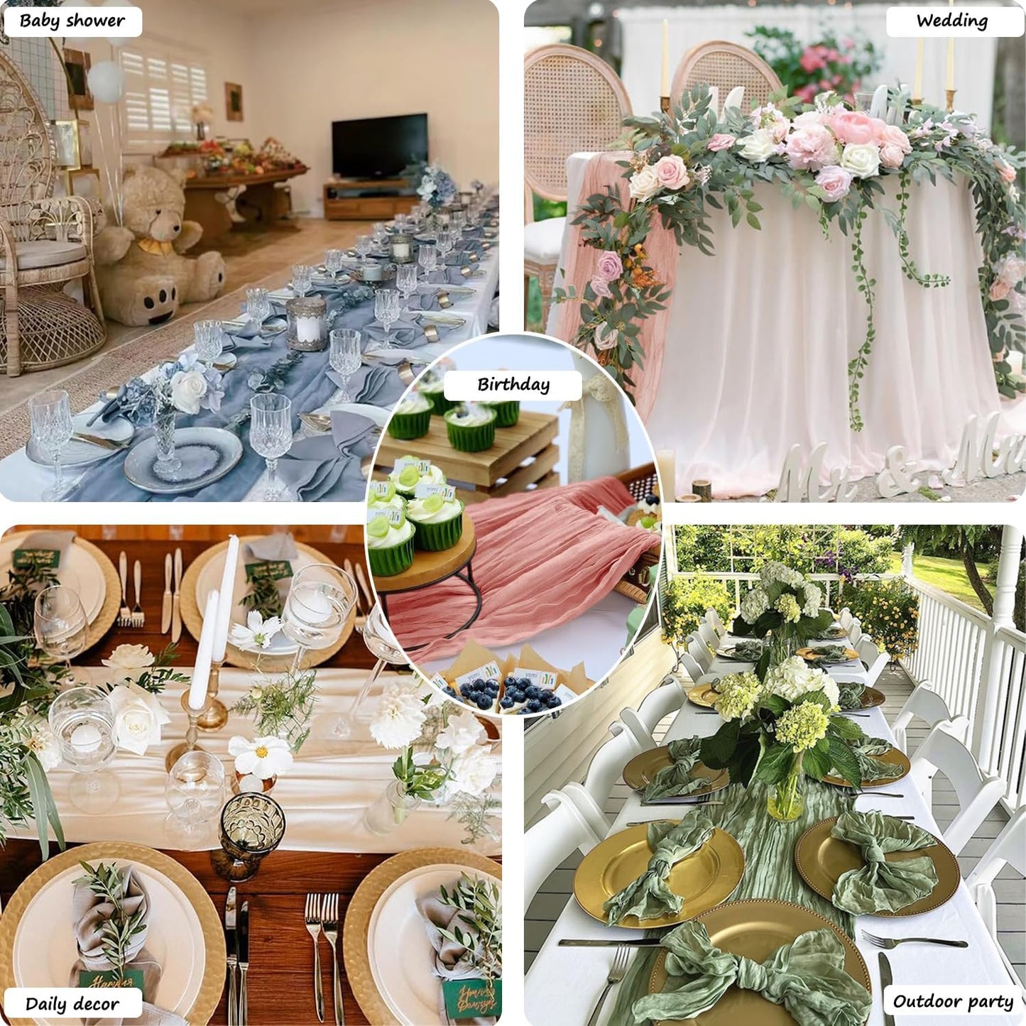 Booque Valley 3 Pack Dusty Blue Cheesecloth Table Runner 10ft Super Soft Boho Wrinkled Gauze Sheer Cloth for Baby Shower Baptism Birthday Party Wedding Centerpiece Table Decoration, 35x120 Inch