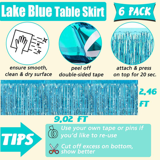 6 Pack 29x108 Inch Lake Blue Metallic Foil Fringe Table Skirts Banner for Tinsel Streamer Garland Curtains Backdrop for Parade Floats Wedding Baby Shower Birthday Christmas Halloween Party Decoration