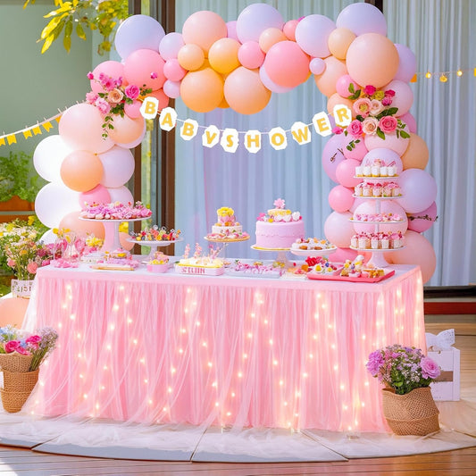 14FT Pink Tulle Table Skirt for Rectangle or Round Tables, Pink Tutu Table Skirt with LED Lights for Princess Girl Birthday Party Baby Shower Gender Reveal Wedding Banquet Cake Dessert Decorations