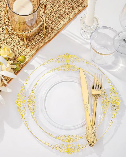 Nervure 100PCS Clear and Gold Plastic Plates - 10.25Inch Gold Disposable Plates - Heavyweight Dinner Plate for Wedding & Party