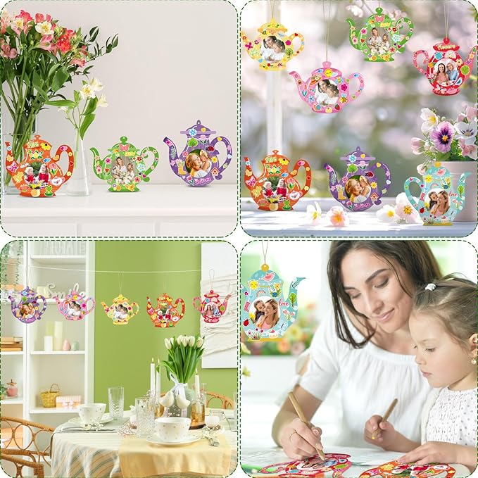 Jetec 48 Sets Spring Tea Pot Picture Frames Craft Kit DIY Photo Frames Sticker Craft Make Your Own Paper Picture Frame for Home Activities Party Favors Decorations(Vivid Color)