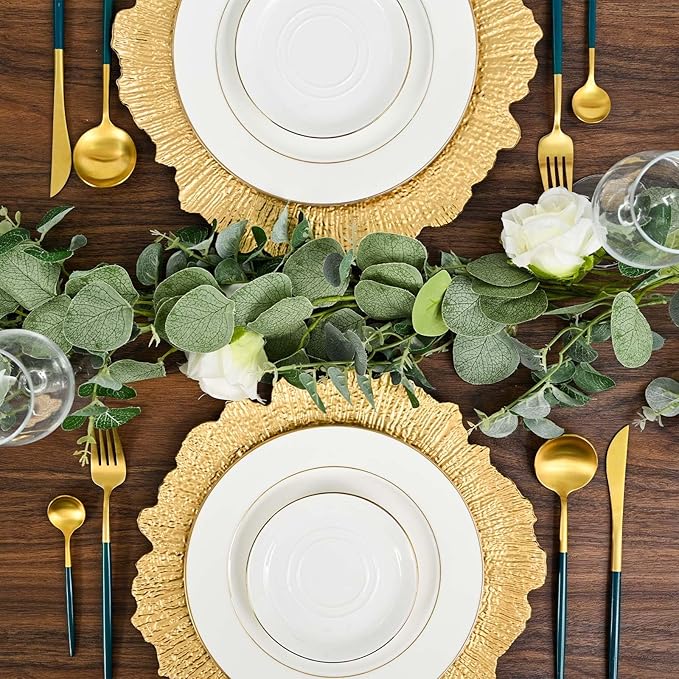 Pesonlook 24Pcs Gold Charger Plates Round 13inch, Reef Plate Chargers for Dinner, Bulk Plastic Floral Table Charger Plates for Dinner Wedding Party Event Table Setting Decoration(Gold)