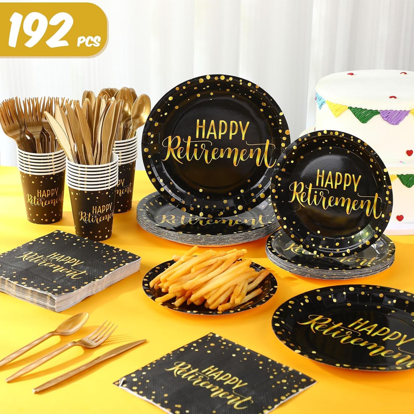 Pickmesh 192 Pcs Retirement Party Decorations Happy Retirement Paper Plates and Napkins Set with Cups and Knife Fork Spoon,Farewell Party Disposable Tableware for 24 Guest Women Men(Gold Black)