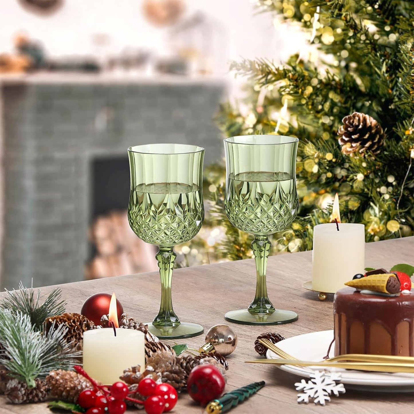 XUWAIDSGN 24 Pcs 7oz Plastic Vintage Wine Glasses Drinking Glasses Unbreakable Wedding Glassware Crystal Water Goblets Reusable Drinkware Vintage Champagne Flutes (24, Dark Green)