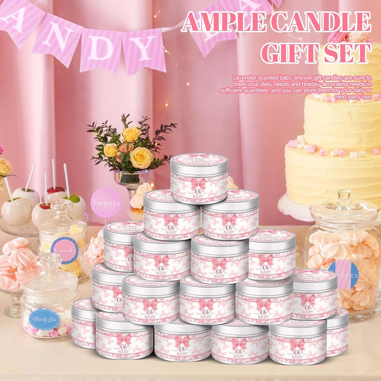 MTLEE 24 Pcs Bow Baby Shower Party Favors Candles Lavender Scented Baby Shower Favors for Guests Rustic Tealights Candles Gender Reveal Return Gifts Girl Boy(1.2 Oz, Pink)