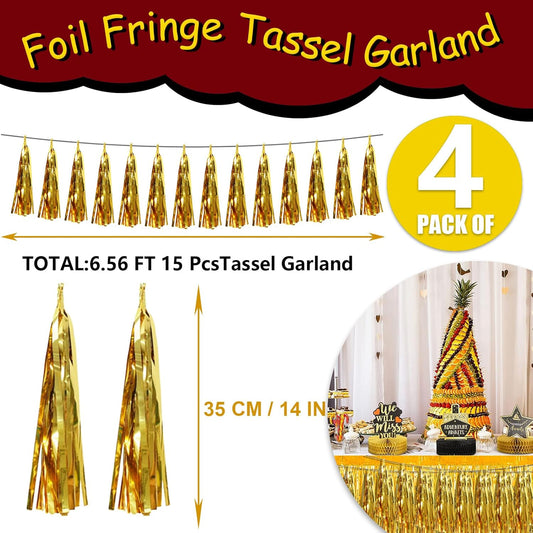 4P Gold Foil Fringe Tassel Banner Garland Metallic Tinsel Streamers Wall Hanging Curtain Backdrop Banner for Parade Floats, 2024 Graduation Decorations, Wedding Party Decoration