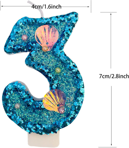 Blue Number Candle,Shell Sequins Number Candles for Birthday Cakes Mermaid Themed Party Supplies Number 3 Candle