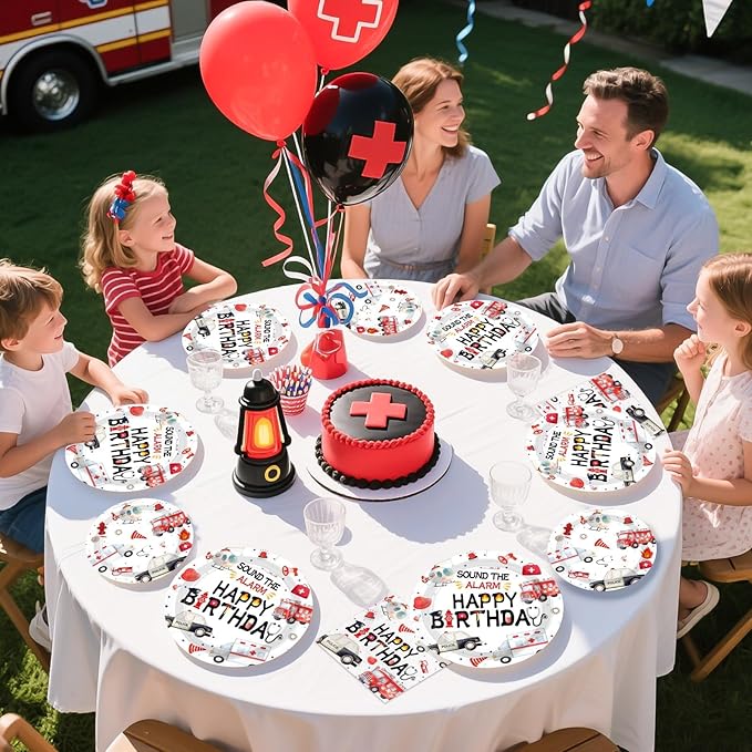 Grencian 96pcs Emergency Vehicle Birthday Party Decorations Fire Truck Plates and Napkins Ambulance Tableware Police Car Dinnerware for Kids Boys Girls Emergency Vehicle Birthday Party Decorations