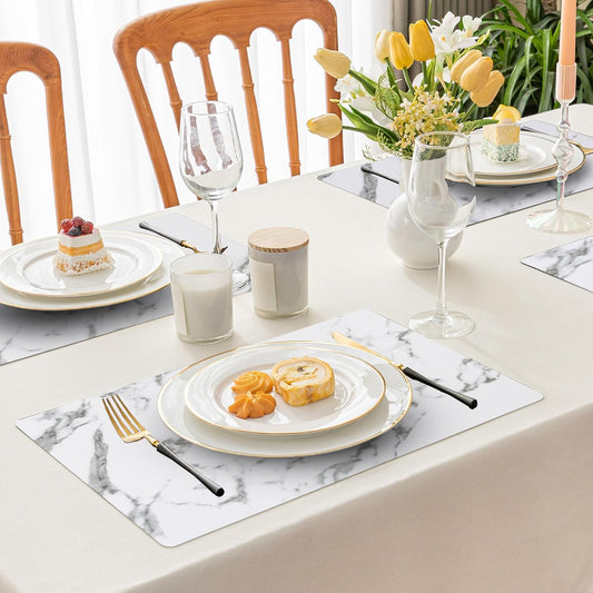 Romanstile Vinyl Placemats Set of 4-12 X 18 Inch - Heat Resistant Place Mats 100% Waterproof Oilproof Wipeable Reversible Faux Leather Table Mats for Kitchen/Dining/Party/Outdoor, Marble
