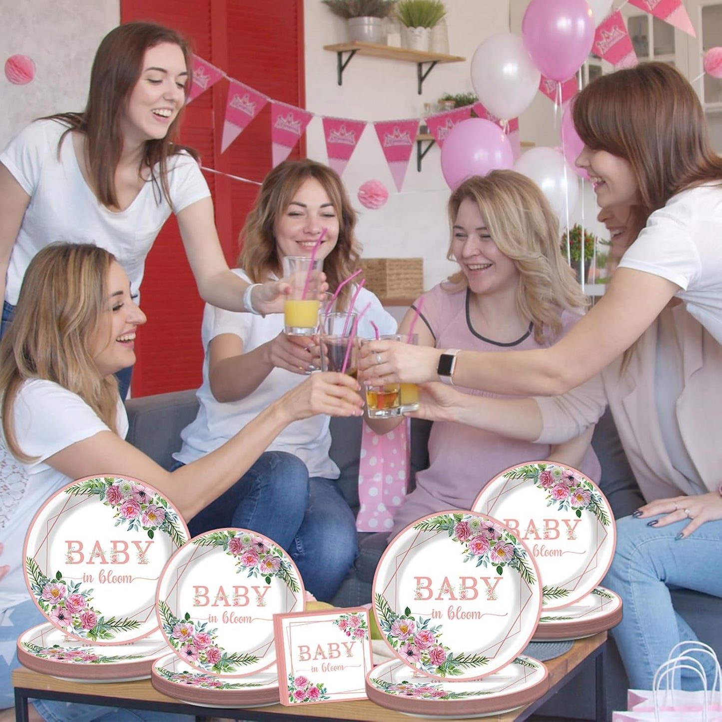 gisgfim 50 Guests Baby in Bloom Party Supplies Baby In Bloom Floral Plates and Napkins Plastic Forks Girl Floral Tableware Pink Flower Paper Plates for Birthday Party 200PCS
