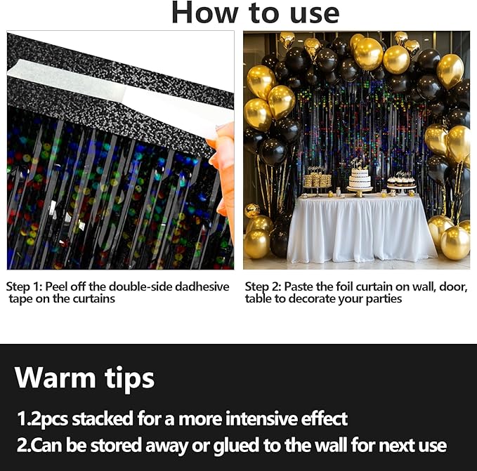 4 Packs Black Foil Fringe Curtain, Glitter Metallic Tinsel Backdrop for Birthday, Wedding, Bridal Shower, Halloween, Gold and Black Party Decorations Supplies