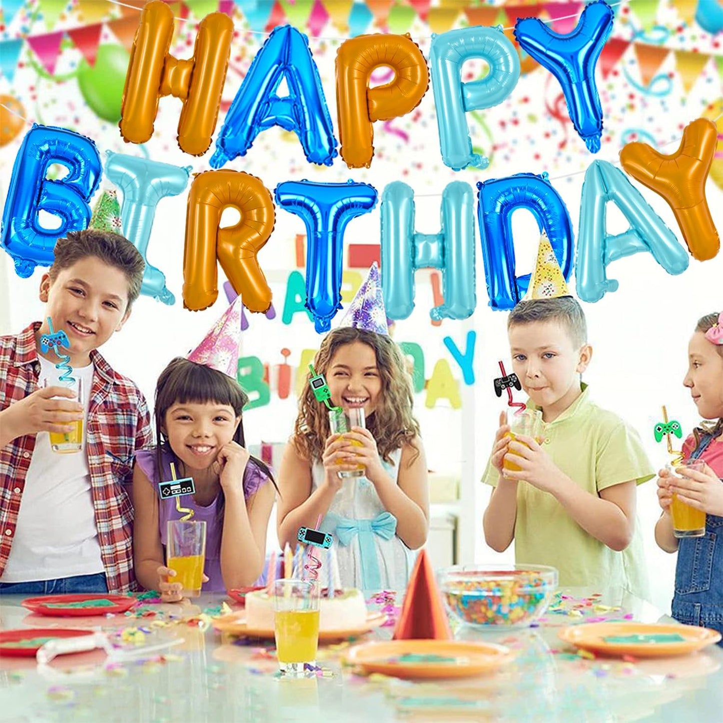 TONIFUL Happy Birthday Balloons Banner with Ribbon Straw, 16 Inch Mylar Letters Birthday Sign Banner Balloon Bunting Reusable for Girls Boys Kids & Adults Birthday Halloween Supplies(Blue Orange)
