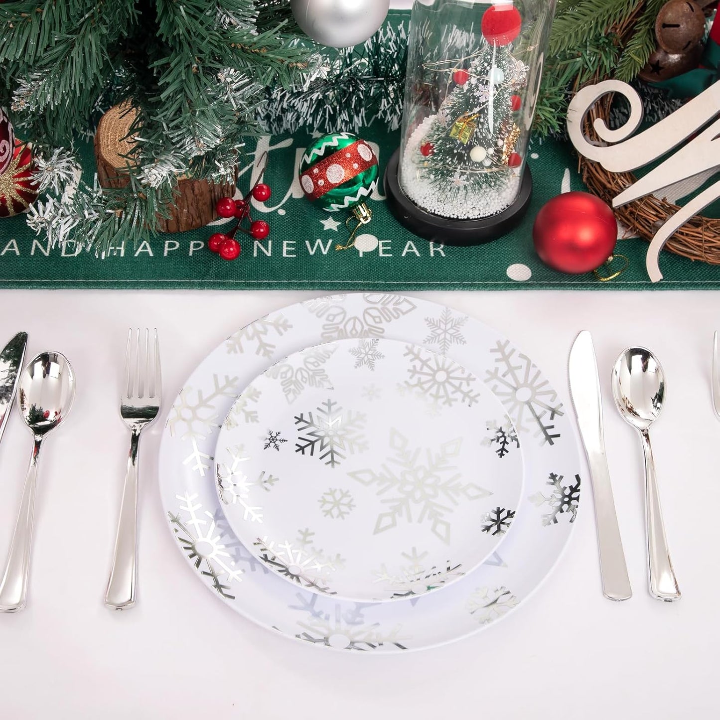 WDF 50 Pieces Plastic Christmas Plates - White and Silver Plates with Snowflake include 25 Dinner Plates, 25 Salad Plates - Disposable Silver Plastic Plates for Christmas Party, Winter