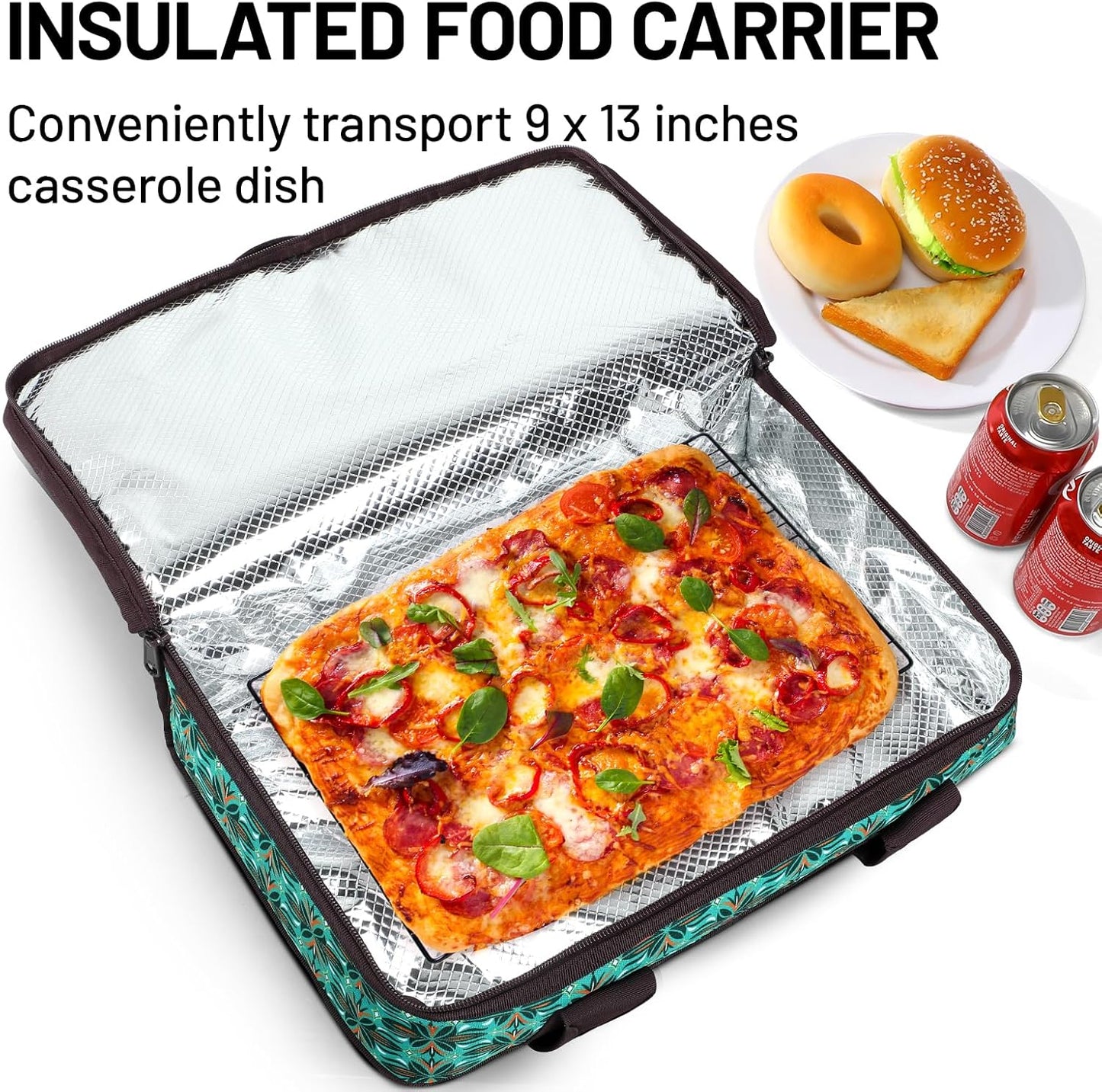 MIER Insulated Casserole Carrier for Hot or Cold Food Thermal Food Carrier Bag for Lasagna Potluck Parties Picnic Cookouts, Fits 9"x13" Baking Dish/Foil Pan, Teal