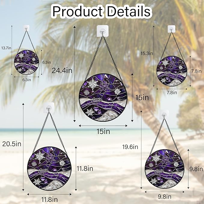 Stained Glass Window Hanging - Silver Purple Snowflakes Suncatcher for Doors Home Christmas Decoration Sun Catcher Thanksgiving New Year Birthday Gifts for Friend Women Men Mom Nana 11.8 in