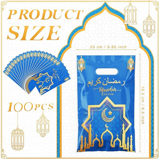 Supervitae 100 Pieces Ramadan Kareem Plastic Gift Bags Bulk Eid Mubarak Treat Candy Goodie Bags with Churches Star and Moon for Muslim Eid Party Favors Supplies