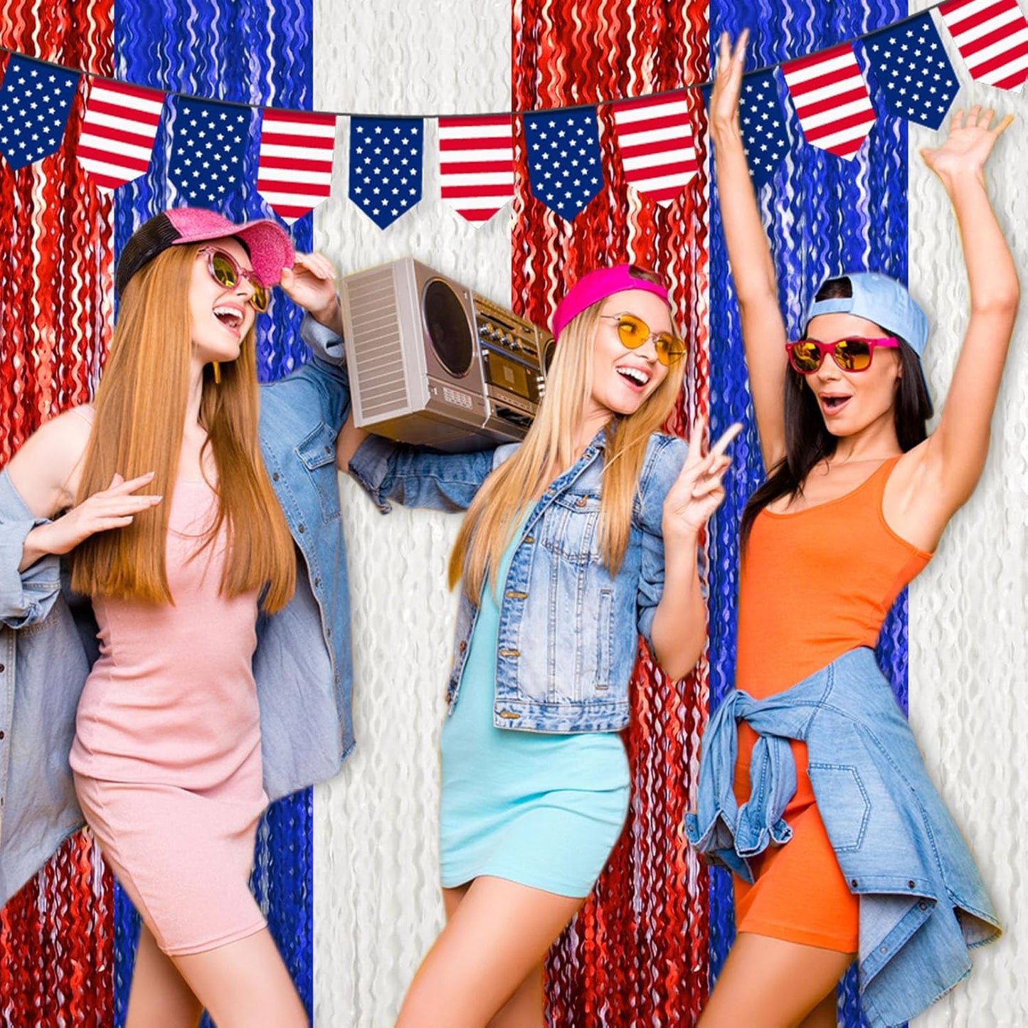 4 Pack White Blue Red Fringe Curtain Backdrop 3.2Ft x 8.2Ft Metallic Tinsel Foil Fringe Streamers Background for Photo Booth Mother's Day, Easter, Carnival, Birthday, Wedding Party Decoration