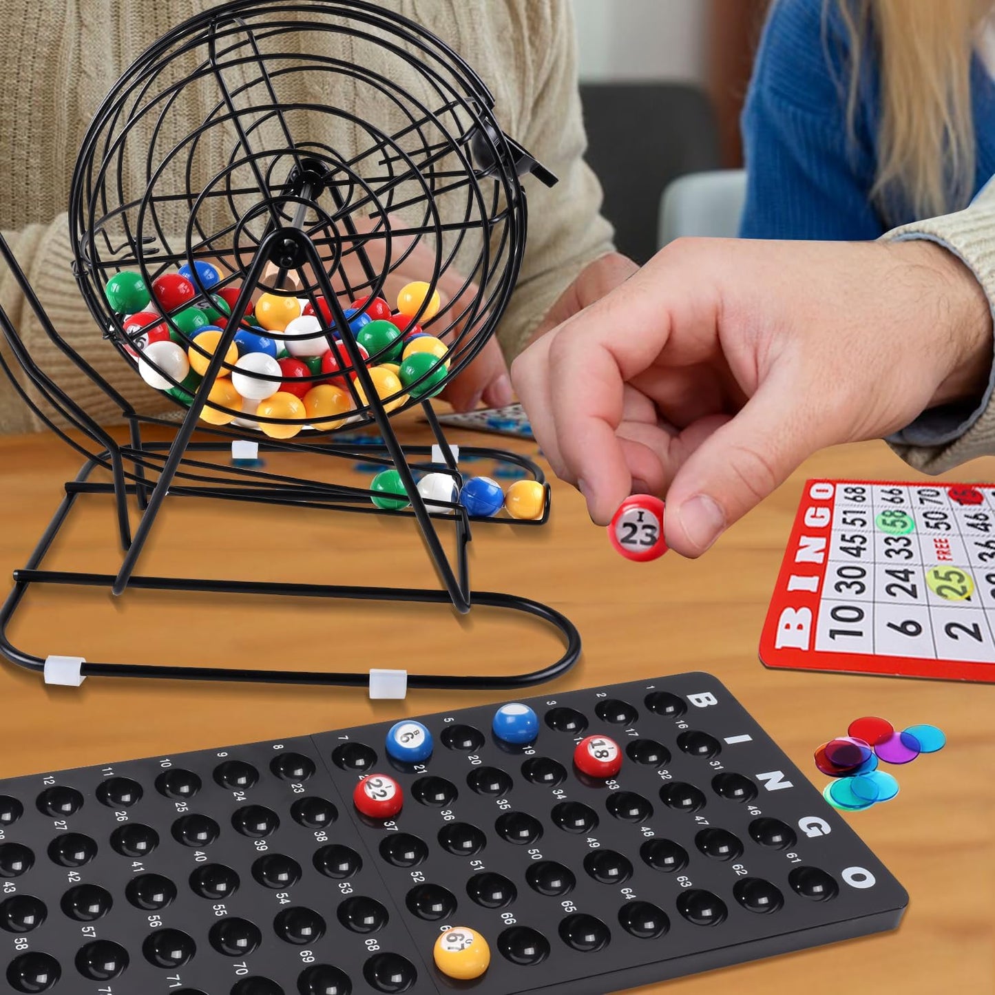GSE Games & Sports Expert Deluxe Bingo Game Set with Large Steel Cage, Master Board, 75 Colored Balls, 500 Chips, 50 Bingo Cards for Large Groups, Parties, Game Night