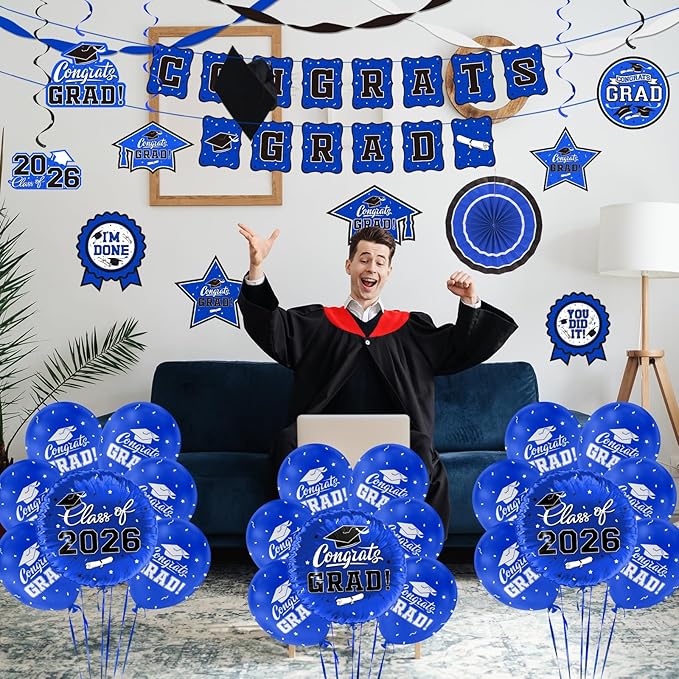 Graduation Decorations 2026 Set - Congrats Grad Banner, Class of 2026 Backdrop, Balloons & Streamers Kit - Complete Party Supplies for High School & College Celebrations