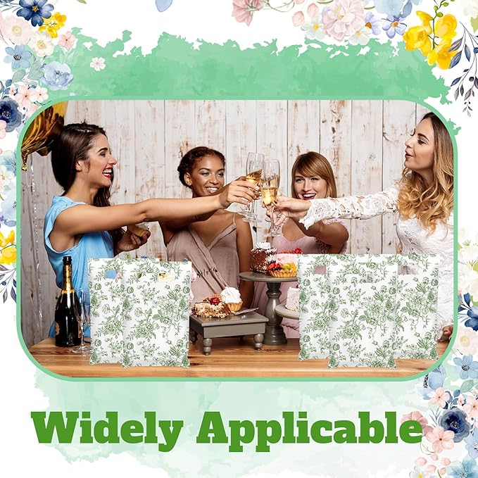 Supervitae 100 Pcs Plastic Green Gift Bags Flower Party Favor Bags Bulk with Handles for Birthdays Weddings Bridal Baby Showers Snacks Goodie Candy Treat Tea Party Supplies