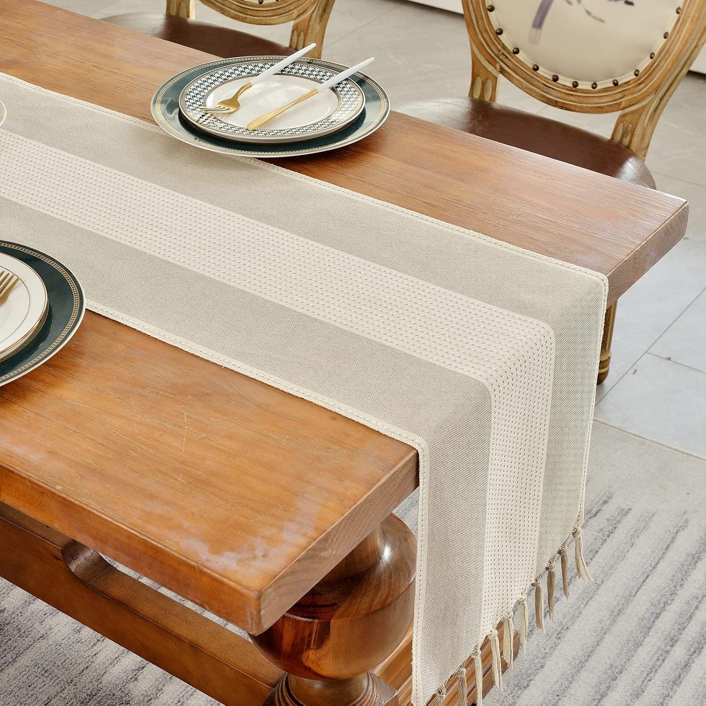 Wracra Linen Table Runner, Farmhouse Macrame Table Runners 72 Inches Long for Dining Table Decor, Wedding, Party and Dresser Decor (Light Coffee,72")
