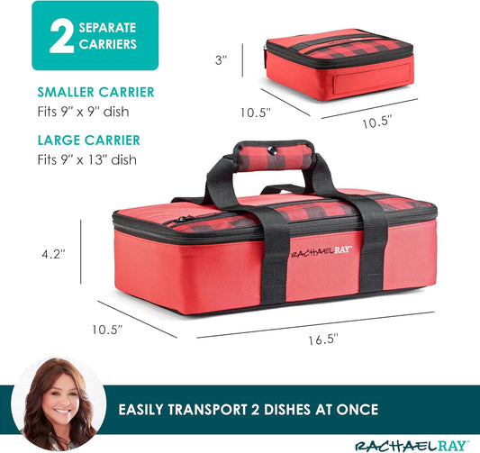 Rachael Ray Lugger Duo, Insulated Casserole Carrier for Hot or Cold Food, Thermal Lasanga Lugger Tote for Potluck, Parties, Picnic, and Cookouts, Fits 9" x 13" Baking Dish, Red Buffalo