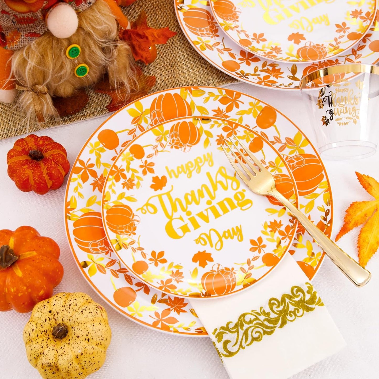 Supernal 175pcs Thanksgiving Plastic Dinnerware Set,Disposable Plates with Gold Plastic Silverware and Cups,Pumpkin and Maple Leaf Design for Thanksgiving Day Party