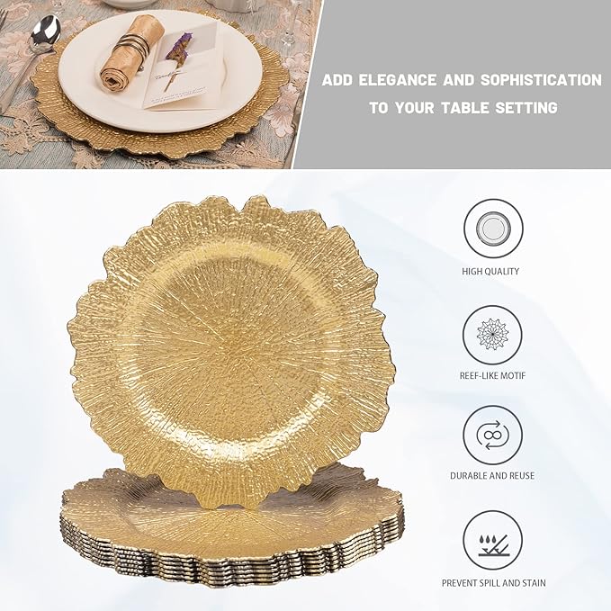 MAONAME 13" Gold Charger Plates Set of 8, Round Reef Chargers for Dinner Plates, Plastic Plate Chargers for Table Setting, Wedding Decor