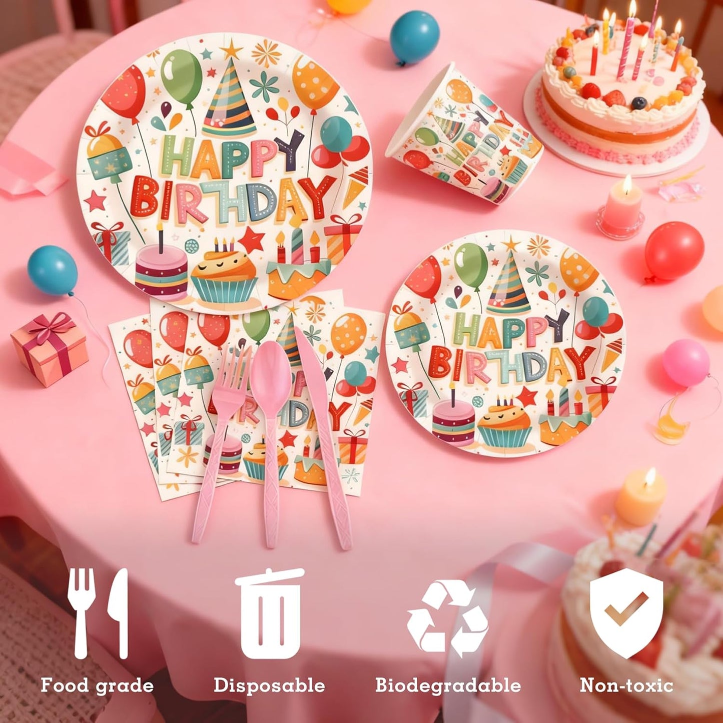 Birthday Plates and Napkins,20PCS Each For Plates, Tissues, Cups, Knives, Forks, And Spoons,Birthday Party Supplies,Special Design Adds a birthday Atmosphere
