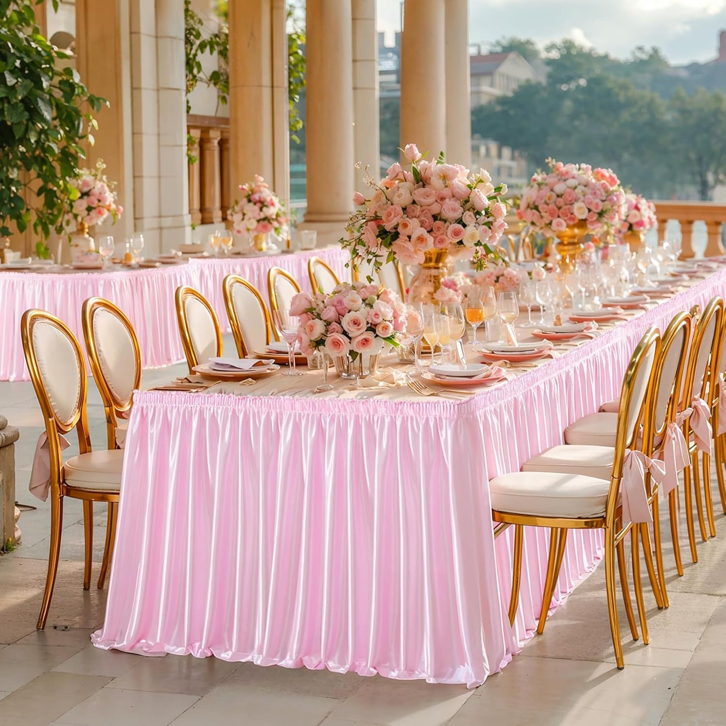 Wish Care 21ft Length Pink Satin Table Skirt for Rectangle Tables Wrinkle Free Glitter Desk Skirts Pleated Ruffle Table Cloth for Wedding Girls Birthday Baby Shower Party Buffet Cake Table Decorations