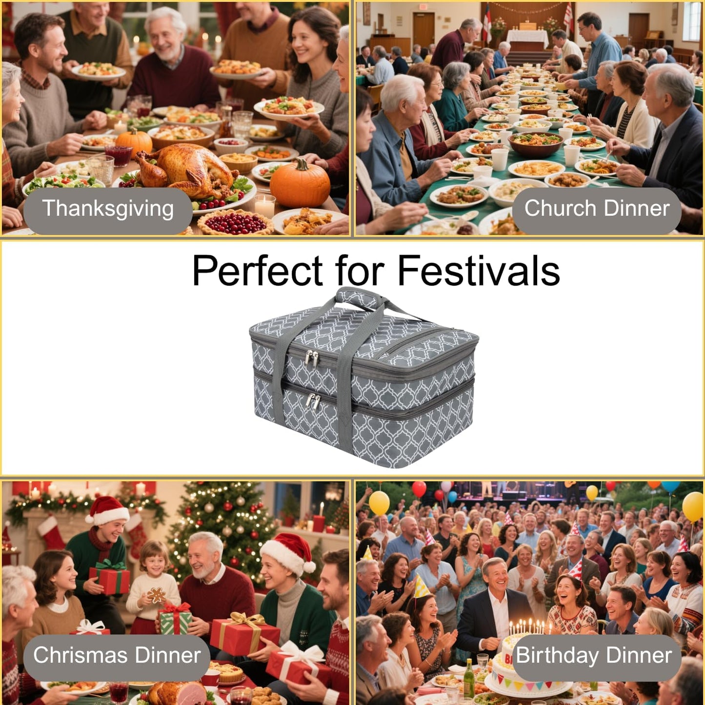 Insulated Casserole Carrier Bag - Portable Thermal Food Tote Carrying Case Bag for 9x13/11x15 Inch Pans - Keep Hot/Cold 4+ Hours - Double Decker for Festival Potlucks, Camping or Outdoor Events
