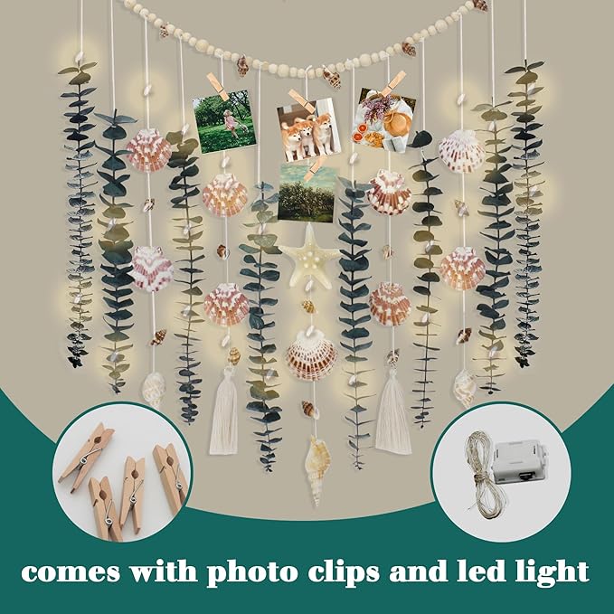 Genuine Eucalyptus Wall Decor with Natural Seashell Beach Decor Coastal Home Decorations with Fresh Eucalyptus Stems Hanging Wooden Bead Garland for Large Bedroom Bathroom Living Room 32 x 32 Inch