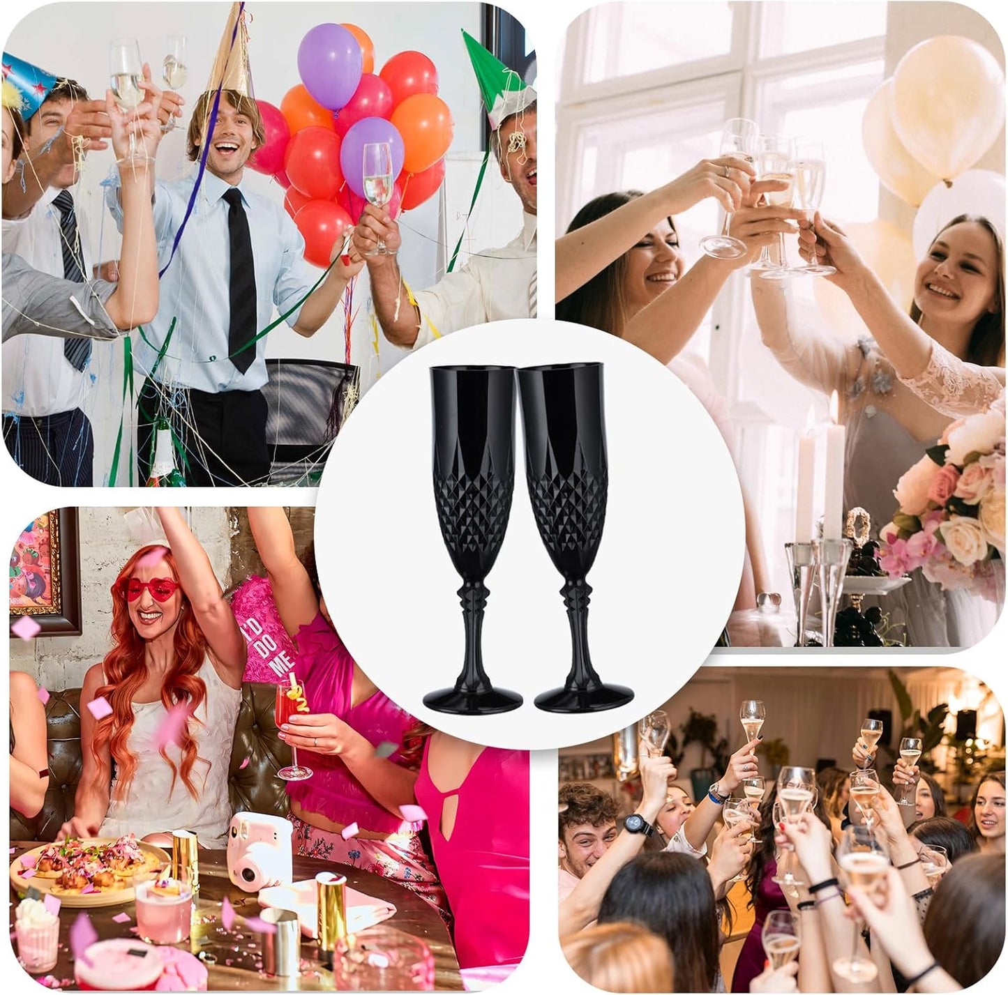 7.1OZ Plastic Champagne Flutes,48PCS Black Glassware Wine Glasses Goblets Shatterproof Mimosa Bar Reusable Vintage Champagne Flutes Stemmed Drinking Cups for Weddings ,Parties, Toasting,Halloween