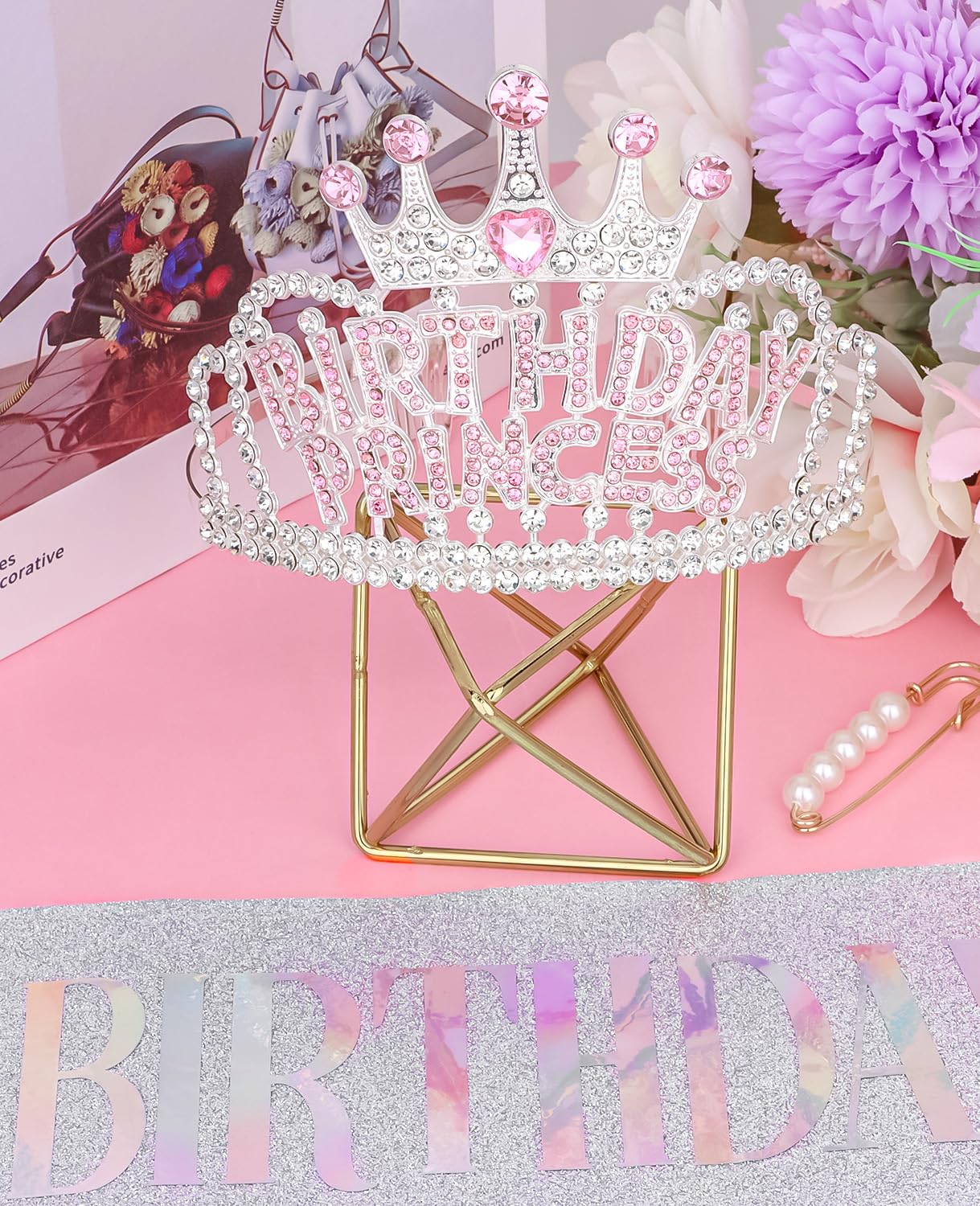 Wecoe Silver Birthday Crown and Sash: Women's Princess Crown with Rhinestone Tiaras & Sash - Happy Birthday Party Favors & Decorations for Adult Women Celebrants