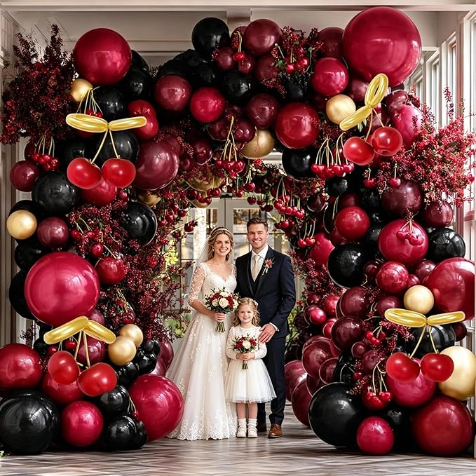 Burgundy Black Balloon Arch Double Stuffed Dark Ruby Red Gold Maroon Black Balloon Garland Kit for Birthday Wedding Bridal Shower Mothers Day Graduation Engagement Cherry Anniversary Party Decor