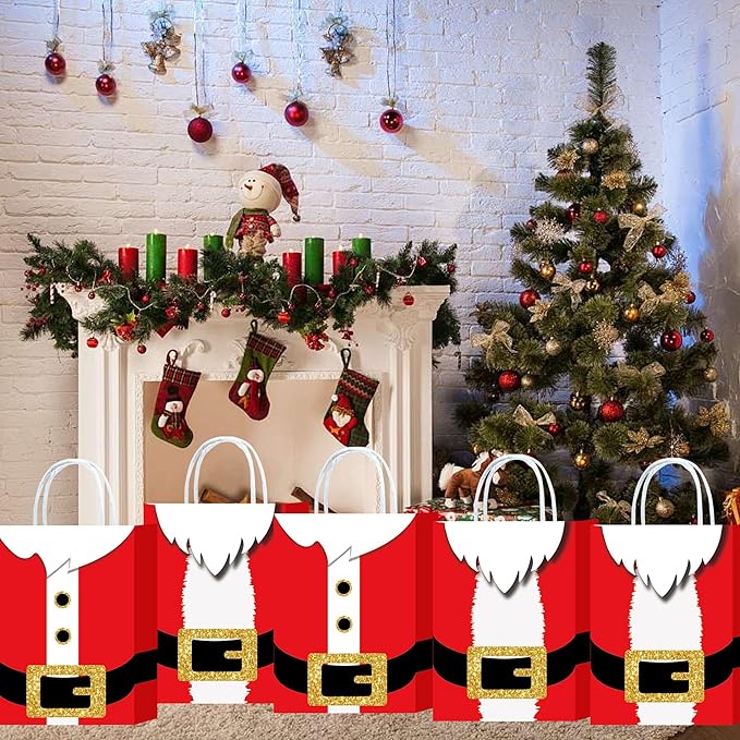 HongXingHai 24Pcs Fine Christmas Kraft Paper Gift Bags with Handles - Christmas Prints for Holiday Xmas Party Favors